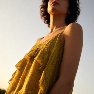 Broadway and Broom Silk Yellow Ruffle Camisole Top